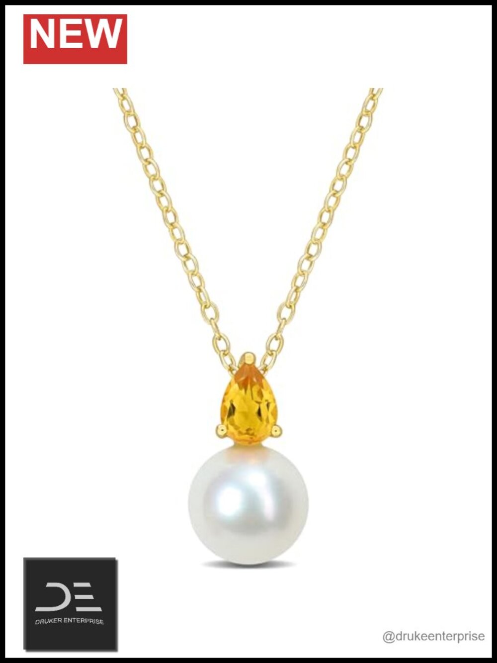 White Freshwater Cultured Pearl & Citrine Pendant Necklace 925 Sterling Silver